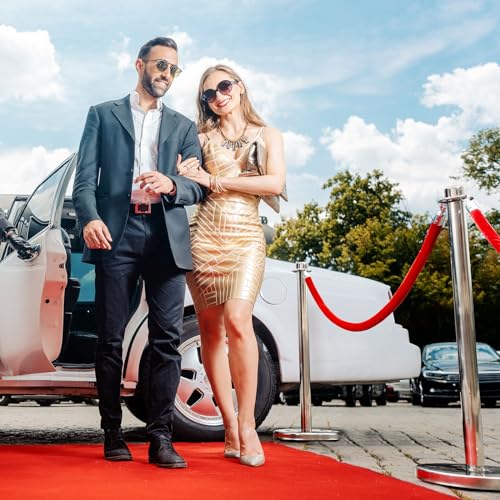 Ferraycle 4 Pcs Velvet Rope Stanchions, 5 ft Red Ropes Silver Posts Set | Crowd Control Barriers for Party Ceremony Events, Red Carpet VIP Queue Management, Easy Setup