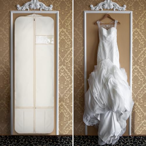 Wedding Dress Garment Bag 72" Dress Bags for Gowns Long with Accessories Pockets Bridal Garment Cover with Adjustable Handles for Wedding Dress, Prom Evening Gown - color: White