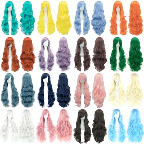 IMISSU 80cm Long Curly Natural Hair Cosplay Wig with Bangs Colorful Halloween Costume Party Wigs for Women (Bright Pink) - color: Bright Pink