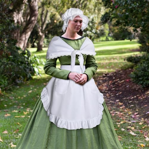 2 Set Women Colonial Costume Accessories, Pilgrim Halloween Cosplay Outfits | White Colonial Bonnet Shawl Waist Apron with Pockets, Revolutionary Maid Cosplay Outfits for Women Girls Party Dress Up