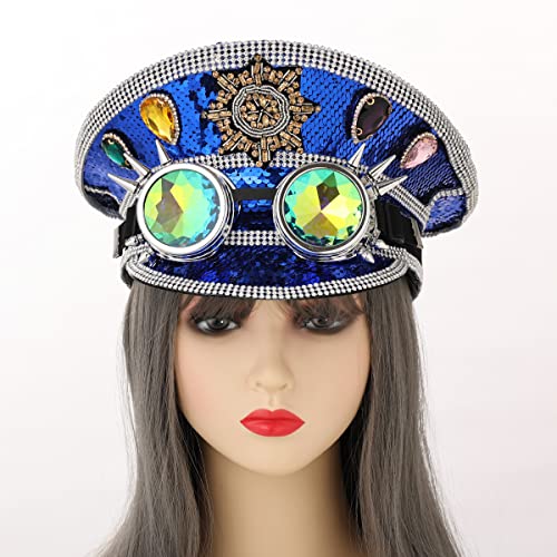 GRACEART Women's Burning Man Sequin Hat Mucis Festival Military Captain Hats Steampunk Caps with Goggles - style: Style-19(with Goggle)