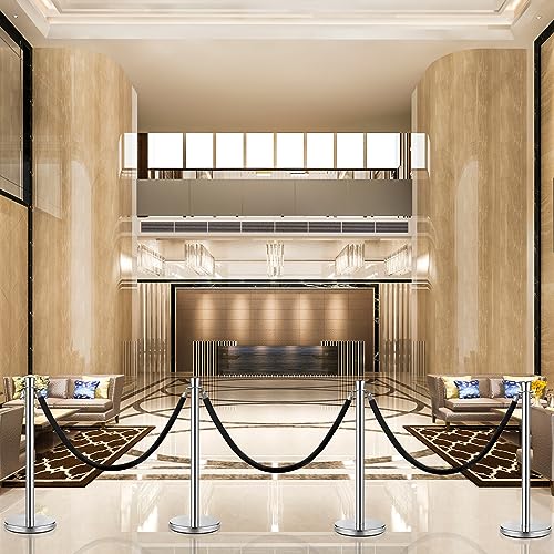 Wesiti 6 Pcs Stainless Steel Stanchion Post Queue with Crown Top 5 ft and 3 Pcs Velvet Rope and Poles Crowd Control Barriers Sand Injection Hollow Base and Velvet Ropes Set for Party (Silver, Black) - color: Silver, Black
