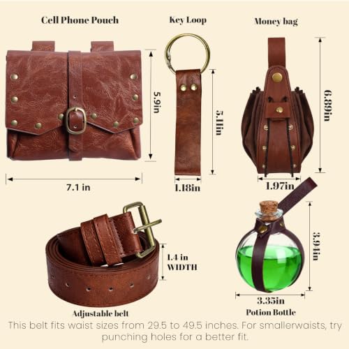 Renaissance Pirate Belt Pouch Accessories Set - Medieval Leather Belt Potion Bottles Skirt Hikes for LARP Halloween Cosplay (Brown KK) - color: Brown KK