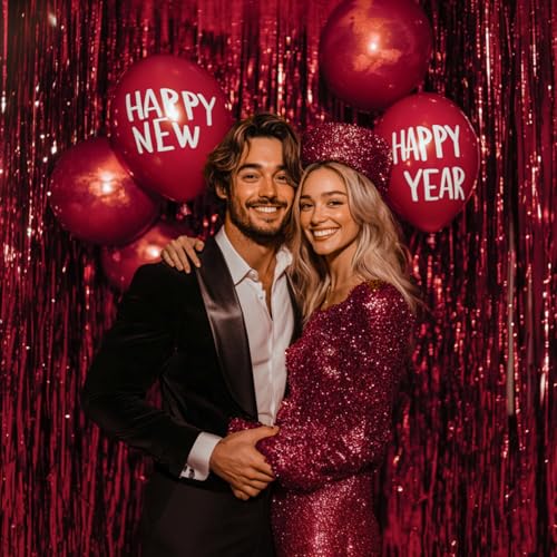 PartyWoo Red Streamers Fringe Curtain Backdrop 2pcs 8.2 ft Red Tinsel Foil Backdrop for Birthday Graduation Bachelorette Citizenship Strawberry Cherry Casino Movie Marry Me Theme Party Decorations | Red Tinsel Streamers Backdrop for Birthday Graduation Ba