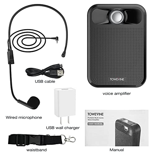 Portable Voice Amplifier, Towevine Rechargeable Microphone for Teachers, Speaker with Headset and Waistband for Classroom, Singing, Coach, Training, Presentation, Tour Guide - color: Black