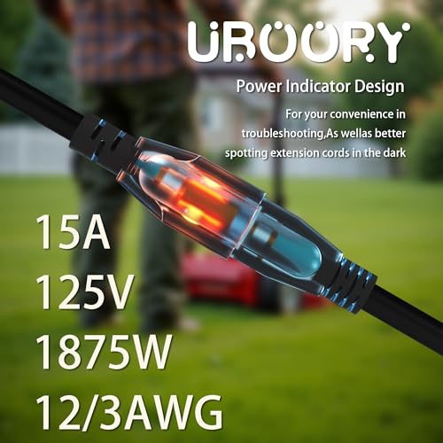Outdoor Extension Cord Waterproof 50 FT, Black 12/3 SJTW Heavy Duty, Flexible 100% Copper 3 Prong Extension Cord for Lawn, Garage