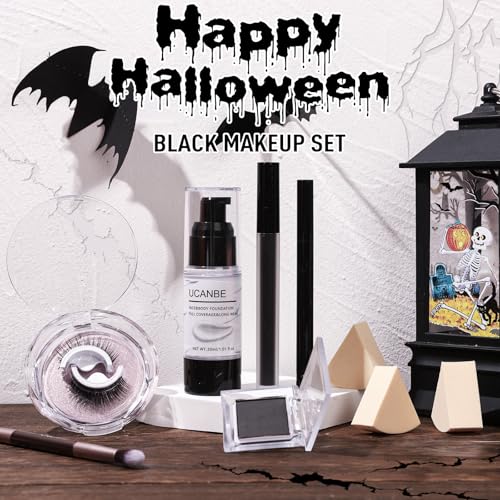 UCANBE Halloween Makeup Kit – Black Eyeshadow, White Liquid Foundation, Black Liquid Lipstick & Eyeliner, Self Adhensive Eyelashes, Brush & Sponges Makeup Set for SFX Cosplay Skeleton Skull Demon - color: Black Makeup Kit