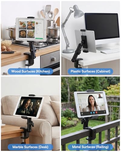 SH ipad Mount for Desk, Tablet Holder for Desk, Kitchen Tablet Holder iPad Mount, 360° Adjustable Aluminum Alloy Arm Stand for Work, Video Call, Bed, Compatible with 4.7"-13" iPad, iPhone, e-Reader - size: AC012-U-Shaped Clamp