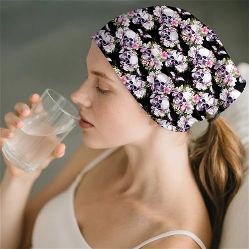 Art Owl Women's Slouchy Beanie Hat Cute Turban Hats Cancer Headwear Caps Baggy Skull Sleep Scarf - color: Flowers Skulls