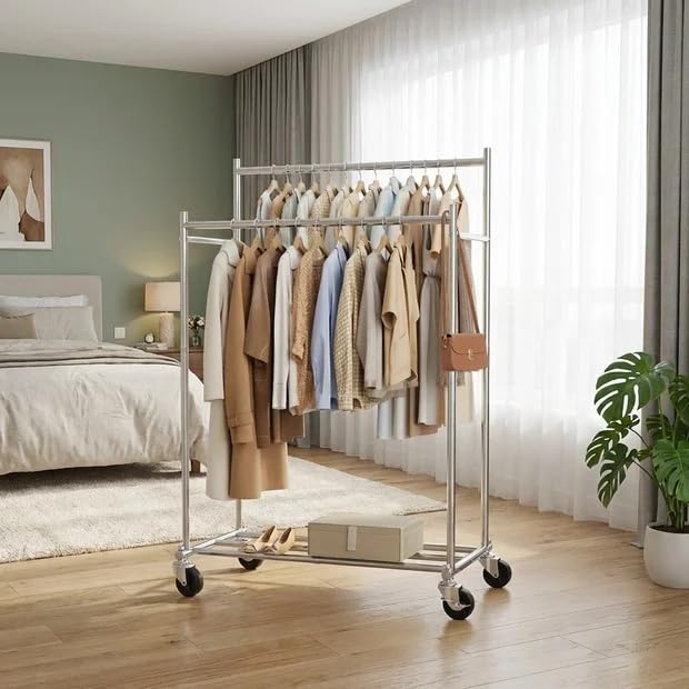 HYSEYY Rolling Clothing Rack With Shelves Load 380 LBS