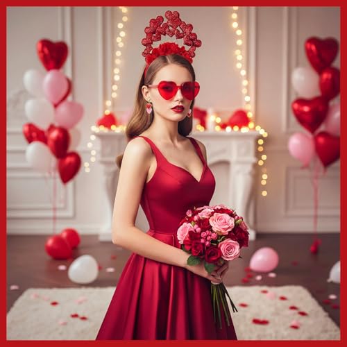 Chuangdi 4 Pcs Valentine's Glitter Headbands Red Heart Sunglasses Earring Sticker Valentines Day Accessories Set for Party Costume