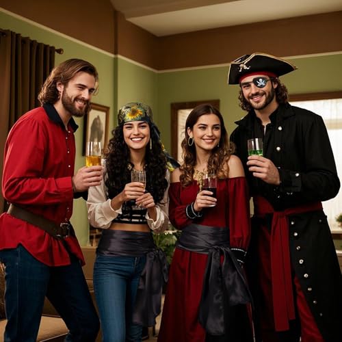 Women Pirate Costume Accessories Set|Headscarf Wrap Hat Sash Belt Cosplay Outfit With Stainless Steel Earring Necklace - style: 5 Pcs Pirate Set - Black Pirate Metal Necklace Set