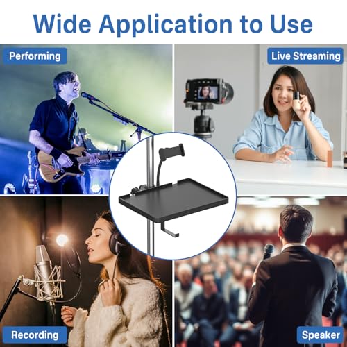 Functional Microphone Stand Tray with Adjustable Mic Stand Phone Holder - 8.7"x6.5" Mic Stand Tray Shelf Clamp-On Music Stand Accessory for Live Streaming Karaoke Recording - size: Plastic Small Tray
