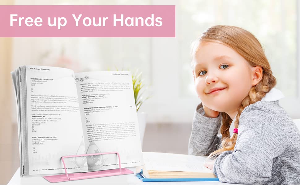 Honagu Book Stand Metal Desk Book Holder, Book Holders for Reading Hands Free, Adjustable Cookbook Documents Holder, Portable Bookstand for Music Books, Textbook, Recipe, Tablet, Ipad (Light Pink) - color: Light Pink