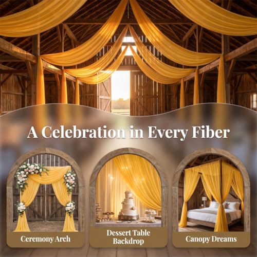DUOBAO Gold Sheer Ceiling Drapes 20FT 6 Panels Chiffon Wedding Backdrop | Sheer Chiffon, Soft Draping Fabric, for Wedding Arch Tent Photography, 4-Inch Header, Rod Pocket, Reusable, Machine Washable - color: Gold, size: 60"W x 240"L (Pack of 6)