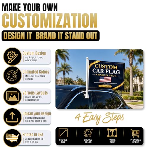 Custom Car Flag Pole by BCB Personalized Flag Banner Printed in USA | 12x17 Inch Personalized Flag with Photo, Flags for Car Windows, Car Window Flag Holder, Flags for Cars, Weather Resistant - color: Car Flag