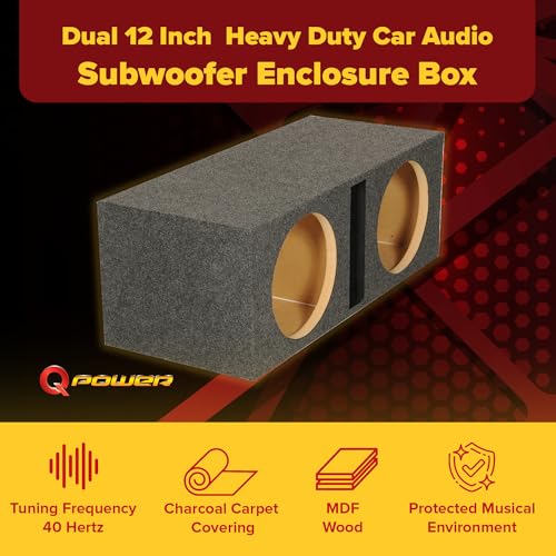 QPower QBASS Dual 12" Car Audio Subwoofer Box, Charcoal Gray Carpet Finish | MDF Woofer Enclosure, Single Slot Port Vent, Deep Bass Sound System for Truck and Stereo