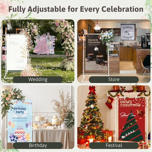Meiqi Adjustable Wedding Welcome Sign Stand with 4 Leather Hanging Straps, Ground Stakes & Weight Bag - Large Easel for Wedding Signs, Posters, Banners - Perfect for Outdoor Events, Baby Showers (White) - color: White