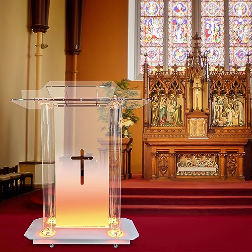 Church Pulpit with Hollow Cross Design,Church Podium,Acrylic Podium with Wheels& Vertical Reading Platform, 46”Transparent Lecterns for Churches,Classroom and Weeding - style: StyleB