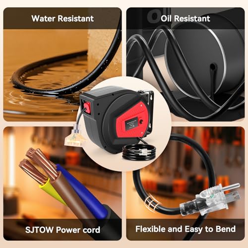 Homdox 50FT Retractable Extension Cord Reel, 14AWG/3C SJTOW Heavy Duty Power Cord Reel with 3 Lighted Outlets, 13A Circuit Breaker, Security Lock, 180° Swivel Mount for Garage Workshop