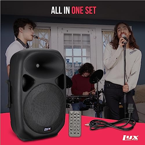 LyxPro 15 Inch PA Active Speaker System Compact and Portable with Equalizer, Bluetooth, MP3, USB, SD Card Slot, XLR, 1/4”, 3.5mm Input, Carry Handles, SPA-15
