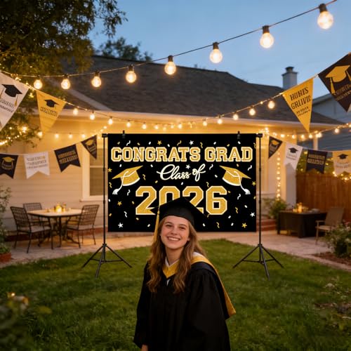 Graduation Party Backdrop 39x59 Inches, Black Gold Theme Class of 2026 Photo Booth Background for Commencement - style: Black Gold Backdrop