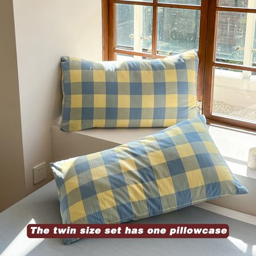 FACE TWO FACE Bedding Duvet Cover Set100% Washed Cotton Duvet Cover Linen Like Textured Breathable Durable Soft Comfy (Twin, Blue Yellow Grid) - color: Blue Yellow Grid, size: Twin