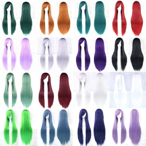 80cm Long Straight Natural Hair Cosplay Wigs with Bangs Colorful Halloween Costume Party Wig for Women (Black) - color: Black