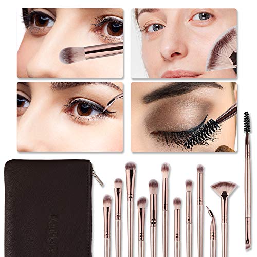 Daubigny Eye Makeup Brushes,12 PCS Professional Eye shadow, Concealer, Eyebrow, Foundation, Powder Liquid Cream Blending Brushes Set With Carrying Bag(Champagne Gold) - color: A-Champagne Gold