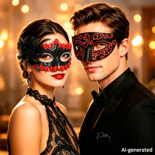 SIQUK Couple Masquerade Masks Set Venetian Party Mask Costume Mask - color: Black & Red Sequins