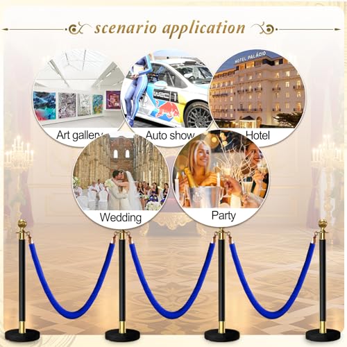 6PCS Blue Velvet Stanchion Rope 5 Ft Crowd Control Ropes Barrier with Gold Hooks for Party - color: Blue&Gold, size: 6PCS