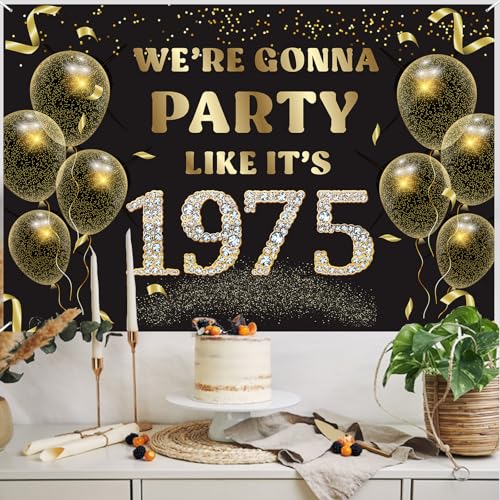 We’re Gonna Party Like It’s 1975 Birthday Banner Backdrop Cheer to 51st Birthday Party Supplies for Men Women Photography Decorations Black and Gold Glitter Favors - size: 1975