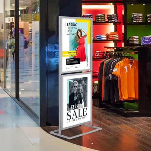 M&T Displays Metal Eco Info Board, Silver 18x24 Inches Slide-In Poster Sign Holder 2 Tier Double Sided Floor Standing Pedestal Advertising Display with Backing and Anti-Glare Lens - color: Silver, size: 18x24 - 2-tier