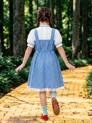 Girls Halloween Blue Gingham Costume | Multi-Piece Set, Book Character Style, Adjustable Front Straps, Puff-Sleeve Dress - color: White & Blue (4 Pcs), size: 6 Years