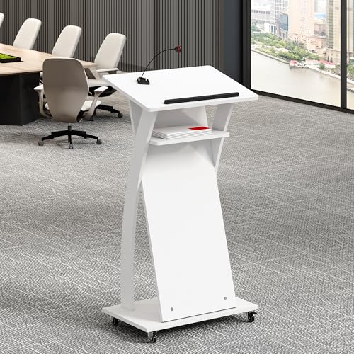 Mobile Wooden Podium Stand with Wheels Lectern White 16MM Wood Board Elegant Design Wooden Churche Pulpit - color: White