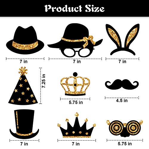 Zonon 24 Pcs Photo Booth Props Set Black Gold Birthday,Golden | Props on Sticks for Wedding, Reunion, Prom, Includes Mustache, Hats, Glasses, Ties, Lips, Crowns, Fun Party Accessories - color: Golden