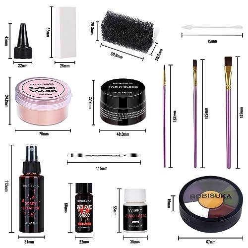 Special Effects SFX Halloween Makeup Kit - Bruise Makeup Face Body Painting Palette, Scar Wax, Liquid Latex, Fake Blood Splatter Spray, Coagulated Blood Gel, Stipple Sponges, Cotton Swab - color: SET2