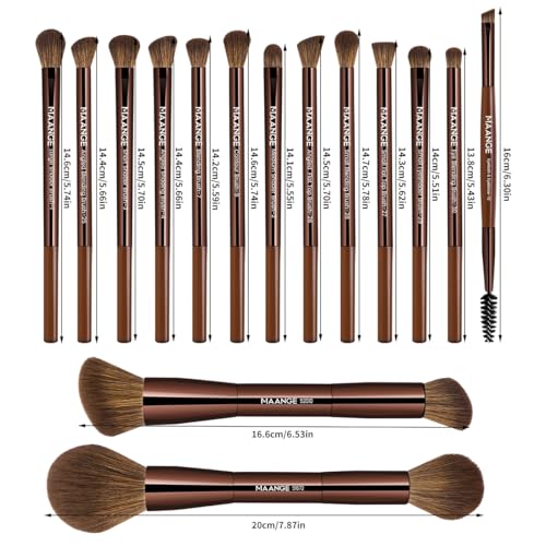 MAANGE 15 PCS Makeup Brushes Double-ended Makeup Brush Set Double Sided Angled/Round Top Brush Foundation Contour Blending Eyebrow Eyeshadow Concealer (Brown) - color: Brown