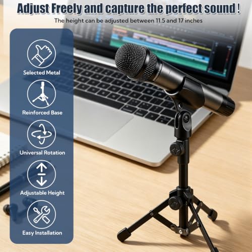 4 Pack Desk Mic Stand, Portable Foldable Tripod Microphone Stand with Mic Clip Holder, Adjustable Tabletop Stand for Blue Yeti, Snowball, Shure SM58, Dynamic & Condenser Microphones 