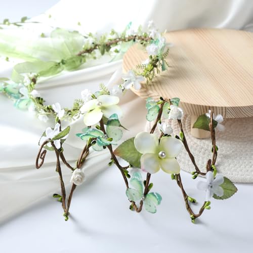 Flower Fairy Crown with Arm Wraps - 3 Pcs Renaissance Costume Green Butterfly Elf Headpiece with Vine Tassel Renfaire Woodland Mother Nature Costume Cosplay Photoshoot Fantasy Fairycore Outfit - color: Green