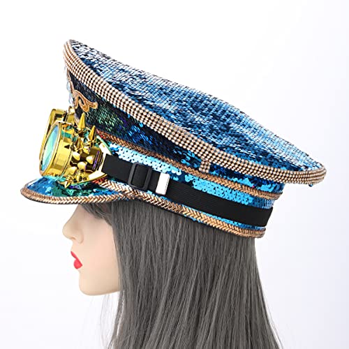 GRACEART Women's Burning Man Sequin Hat Mucis Festival Military Captain Hats Steampunk Caps with Goggles - style: Style-07(with Goggle)