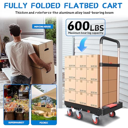 Folding Platform Truck, 600lbs Capacity Flatbed Dolly with Expandable Deck | Heavy Duty Collapsible Dolly Cart w/ Brake Wheel, Retractable Handle,Sponge Grip,Portable for Luggage,Camping,Office - style: 6-wheel dolly