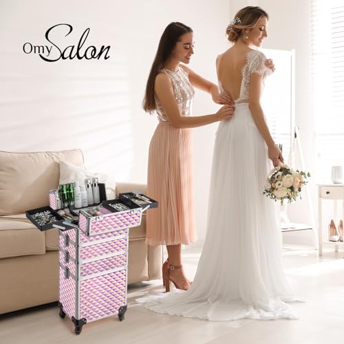 mefeir 4-in-1 Rolling Makeup Train Case Lift Handle,4 Removable Wheels Lockable Keys,Aluminum Cosmetic Trolley Beauty Stylist Artist Organizer Box,Ideal Xmas New Year Gift (Diamond Pink) - color: Diamond Pink
