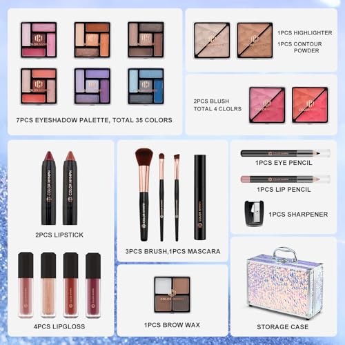 Color Nymph Makeup Kit for Girls Tweens, Birthday Gift, Silver Train Case | Beginner Cosmetics Set with Eyeshadow, Blush, Highlighter, Mascara, Lipstick, Lip Gloss, Brush, Lip & Eye Liner for Travel - color: B-Silver