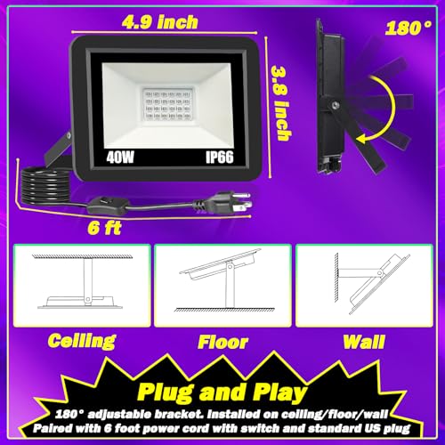 40W Black Light IP66 Waterproof Outdoor Flood Light with 6ft Cord+Plug+Switch, Blacklight Floodlight for Halloween Neon Glow in The Dark Fluorescent Poster Body Paint Bedroom 2 Pack - style: 2 pcs,40W