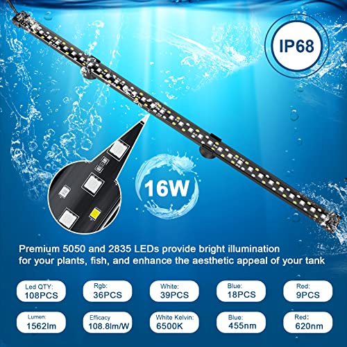 hygger 24/7 Mode Submersible Aquarium LED Light, Full Spectrum Hidden Fish Tank Light with 3 Rows Beads 7 Colors Auto On Off Sunrise-Daylight-Moonlight, Adjustable Timer Brightness - size: 27.4in 16W