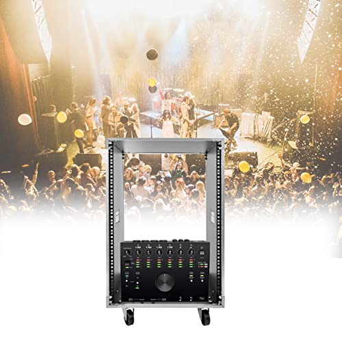 Rolling Network Rack, 16U Portable Metal Studio Rack Cabinet with 220Lbs Capacity, Open Cabinet AV Rack Stand with Wheels & Handles, for Computer Chassis, Mixer, Voice Amplifier
