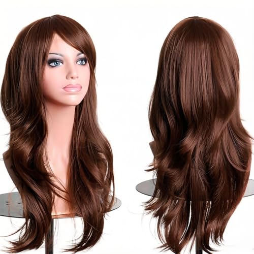 PORSMEER 70 cm/28 inches Charming Long Wavy Full Hair Wig Anime Cosplay Halloween Costume Party Heat Resistant Synthetic Wigs for Women Girls (Dark Brown) - color: Dark Brown
