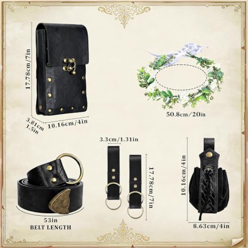 Renaissance Belt Pouch Set with Wreath - Renaissance Accessories with Pirate Belt Pouch for Halloween Cosplay & LARP - color: Black-e