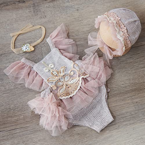 Zeroest Baby Girls Photography Lace Outfits & Props | Newborn Girl Photo Shoot Set with Romper, Headbands, Infant Photoshoot Prop - color: Wheat